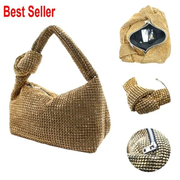 Full Glitter Rhinestone Hobo Dumpling Evening Clutch Crossbody Bag - Picture 4 of 7